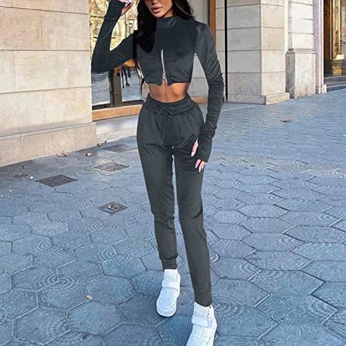 Womens Long Sleeve Turtleneck Zip Open Waist Top High Waist Casual Pants Set 2 Piece Elegant Outfits For Women Grey #TOP1