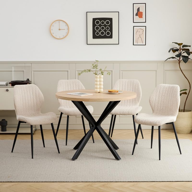 Ensemble Table de Salle à Manger Ronde et 4 Chaises, Table en MDF avec Décor Bois Clair et Pieds en Métal, Chaises Rembourrées en Lin pour Cuisine, Salle à Manger (Fini Bois Clair+Beige)