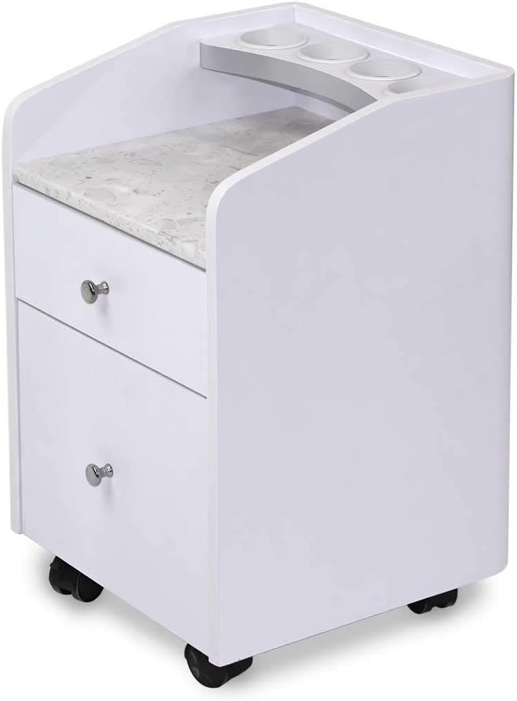 MAYAKOBA Sonoma Rolling Pedicure Trolley Manicure Storage Cart for Pedicure Spa, Nail Salon Furniture & Equipment, Marble Top, Luxe White/Silver Accents