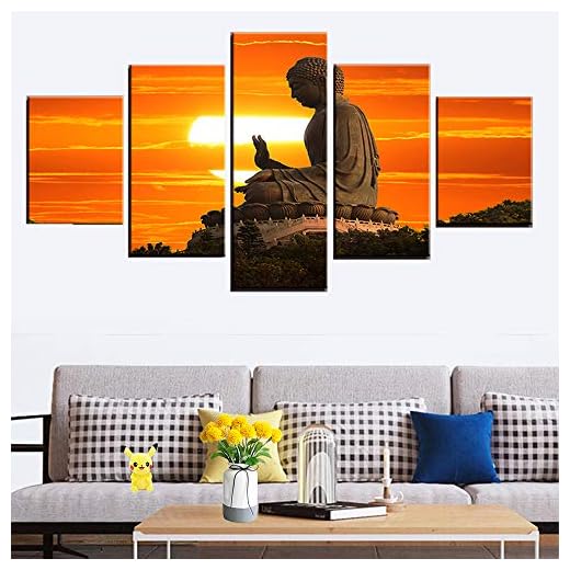 DGGDVP 5 stycken solnedgång stor Buddha-staty bild affisch HD-tryck kanvas foto vardagsrum väggkonst dekoration storlek 1 med ram