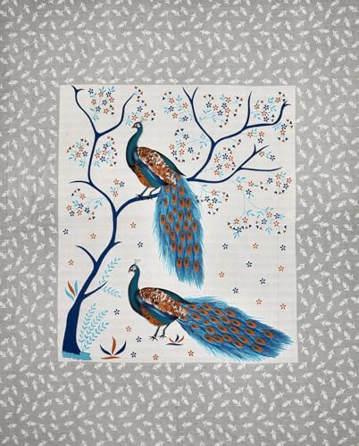 Image of KOUNDAL Rajasthani Jaipuri Sanganeri Printed 144 TC 100% Cotton Bed Sheet Set for Double Bed,Floral Print, Double Bedsheet Cotton with 2 Pillow Covers (Grey(Peacock), King)