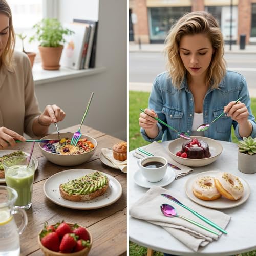 Image of 24 Pcs Rainbow Slim Handle Stainless Steel Cutlery Set for Dining Table with Spoons and Forks Set + Butterknives - The Perfect Tableware /Flatware