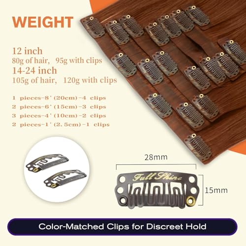 Image of Full Shine Copper Clip in Hair Extensions Real Human Hair, 22 Inch | Seamless Hair Extensions Clip Ins, Long Straight with Invisible PU Weft for Women, Add Volume, Lightweight, 8 Pcs 120g