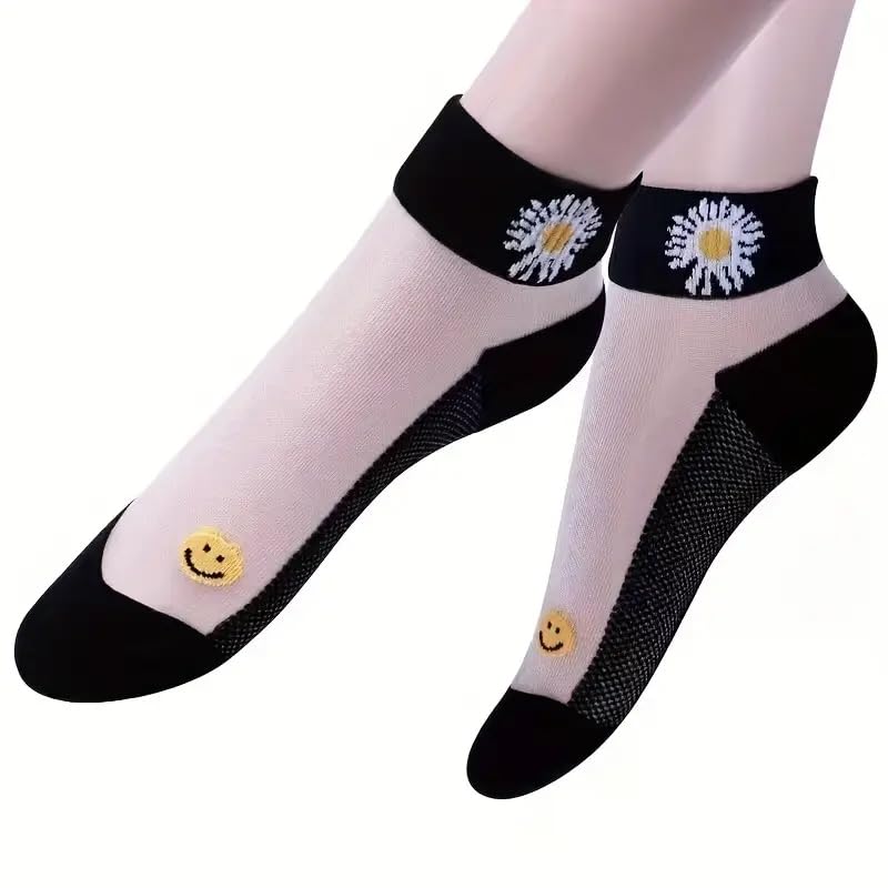 5 Pairs Women's Floral Print Short Socks, Breathable And Lightweight Transparent Socks2