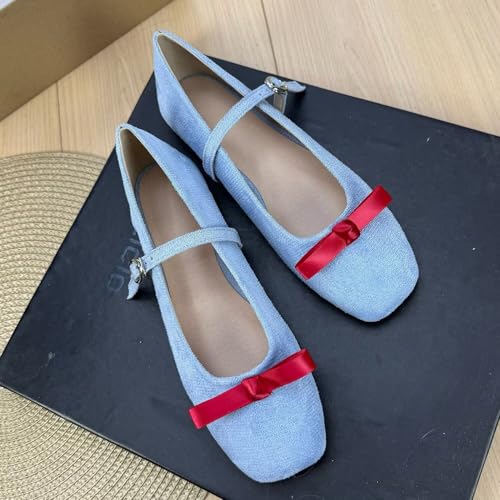 LUXINYU Women Fashion Bowknot Suede Mary Jane Flats Square Toe Buckle Strap Low Heel Lightweight Ballet Party Dress Shoes2