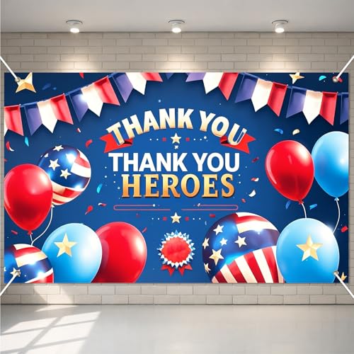 Image of BlissYard Thank You Heroes Banner 4th of July Decorations 71 x 43 Inch Independence Day Party Decorations Banner Outdoor Memorial Day Decor Heroes Theme Party Supplies Veterans Day Photography Sign