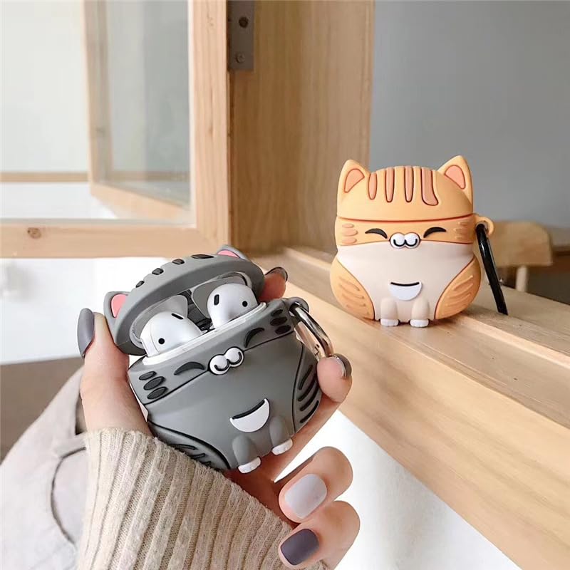 Image of Earphone Case for AirPods Pro /Pro 2, Cute Sitting Smiling Happy Lucky Cat Case Soft TPU Silicone Case, Lovely Yellow Grey Kitty AirPods Pro /AirPods Pro 2 Cover Protective Skin Protector -Yellow