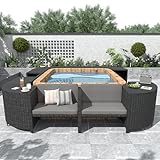 Modern Spa Surround Spa Frame, Patio Furniture Set, Square Outdoor Rattan Sectional Sofa Set with Mini Sofa, Hot Tub Storage Surround Wooden Seats and Storage Spaces for Free Combination, Grey