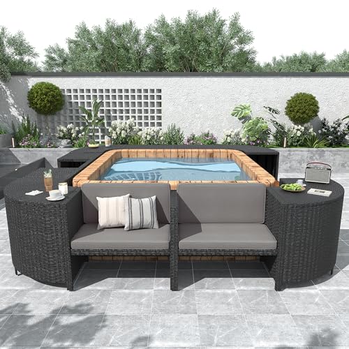 Spa Surround Spa Frame Quadrilateral Outdoor Rattan Sectional Sofa Set with Mini Sofa, Wooden Seats and Storage Spaces, Grey