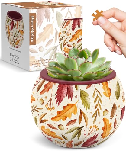 Image of PieceRelax 3D Puzzle Planter 80 Pieces - Flower Pot - Dancing Leaves in Fall, for Mom, Home Decor Flower Pots for Indoor Cactus, Succulents Pots [K1108]