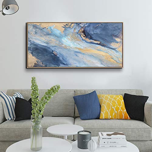 ARTLAND Large Canvas Wall Art for Living Room Modern Navy Blue Abstract Mountains Painting Landscape Artworks for Bedroom Kitchen Wall Décor Framed Ready to Hang 24x48 inches