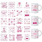 Coquettte Bows UV DTF Decals - 20 Sheets Pink Bow Cherry Uvdtf Cup Wraps for 16 oz Glass Water Bottle, Lucky Girl Transfer Stickers DIY Tumbler Phone Case Decoration Holiday Gift for Girlfriend