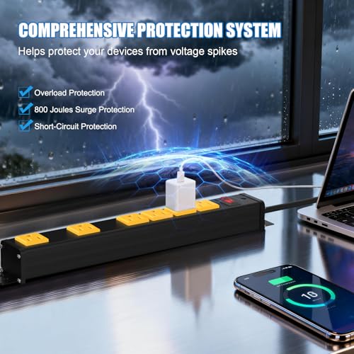 Image of 6 Outlet Wall Mount Metal Power Strip, 2 Extra-Wide (2.55IN) and 4 Standard Spaced Outlets, Flat Plug Extension Cord 6FT 14AWG with Switch, 15A 1875W ETL Listed for Garage, Workshop, Home