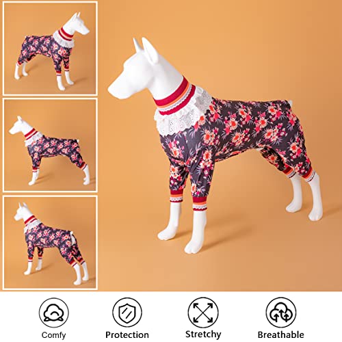 Lovinpet Dog Pajamas For Large Dogs, Uv & Post Operative Protection, 4 Legged High Collar Dog Onesies, Lightweight Stretchable Large Floral Plum Prints Large Dog Pajamas As Base Shirt For Dog Dresses #TOP2