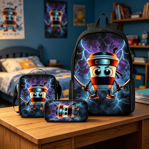 Padrão de desenho animado 3 em 1, conjunto de mochila de grande capacidade de 43 cm, Laranja, Medium, Versátil
