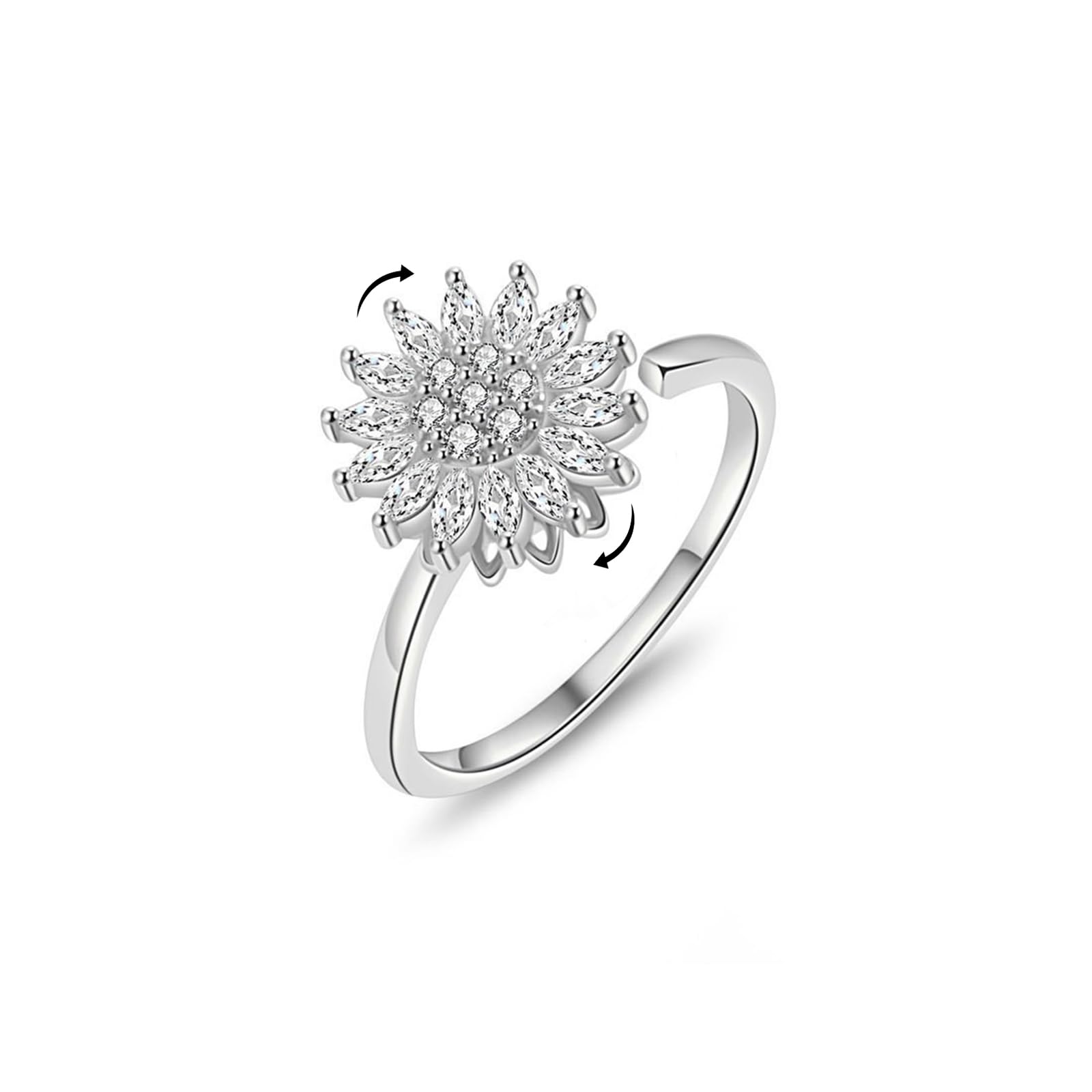 KONPJE Sunflower Fidget Ring for Women Gold Anxiety Crystal Rings Cubic Zirconia Sunflower Open Adjustable Fidget Ring Spinner Sun Ring for Men Trendy