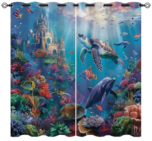 Ocean Underwater World Blackout Curtains for Girls Boy Home Decor, Sea Castle Turtle Dolphin Fish Grommet Thermal Insulated Drapes Darkening Window Curtain for Bedroom Living Room, 42 x 45 Inch