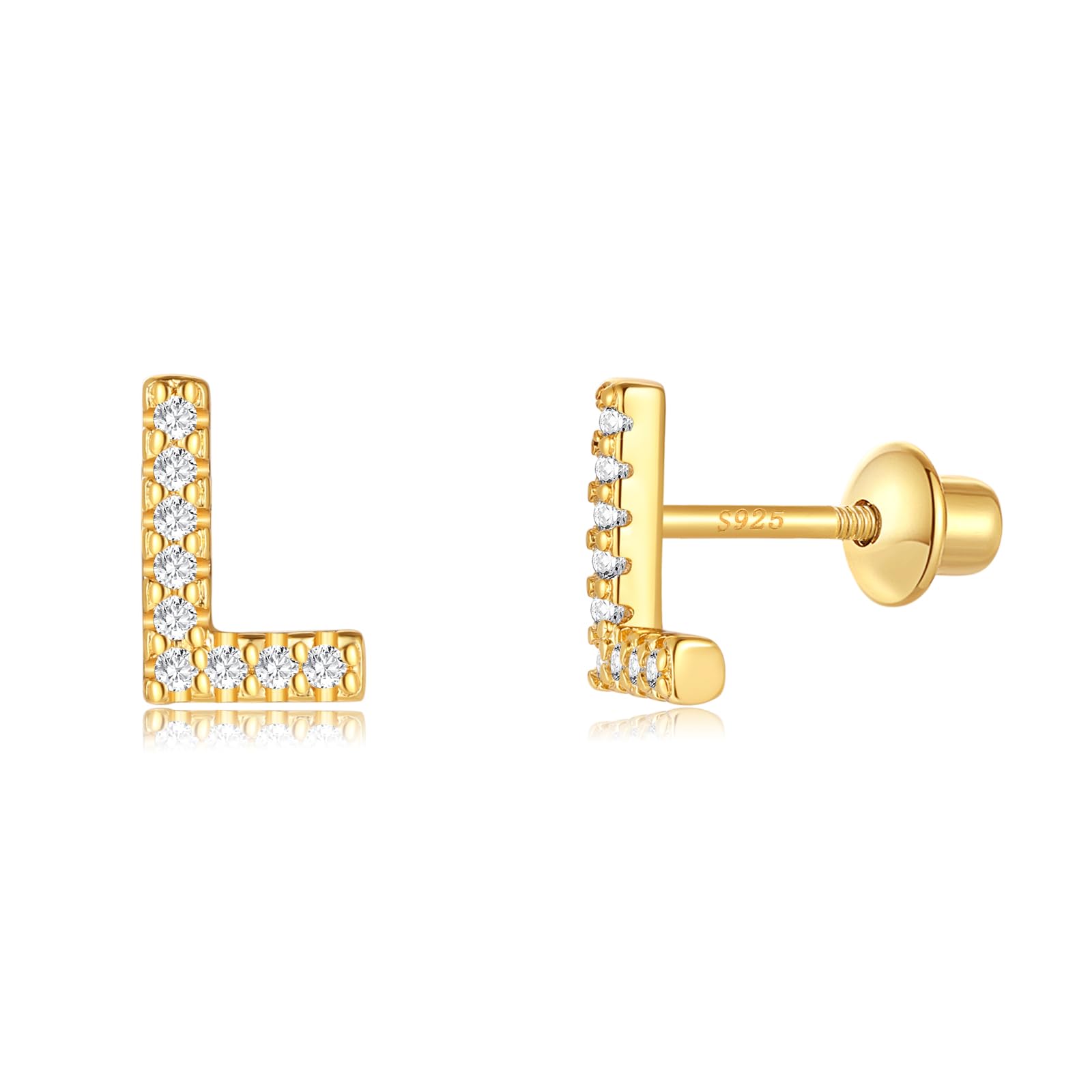AOROCO Initial Stud Earrings for Girls, Sterling Silver Post Toddler Hypoallergenic Screw Backs 14K Gold Plated Letter Initial Earrings for Women