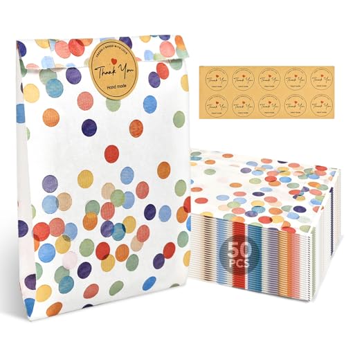 MSLHUB 50 Stück Butterbrottüten Papiertüten Kraftpapier Bunt Geschenktüten Kindergeburtstage mit Aufkleber Klein Mitgebsel Tüten Candy Papier für Party und Festival 17.1x12.9x3cm (Runde Punkte)