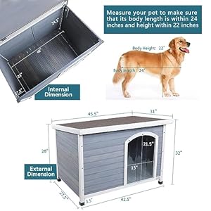 Petsfit Wooden Dog House Extreme Outback Log Cabin Weatherproof Outdoor Pet Kennel, Light Grey, Large/45.6″ x 30.9″ x 32.1″