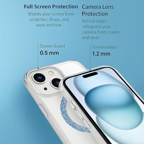 Image of AIBEX Back Cover Case Compatible with iPhone 15 Plus | Glitter Ring Cute Shiny Colorful Bling Case (Compatible with Magsafe) | Transparent PC+TPU Glossy Shiny Cover for Girls & Women - Blue