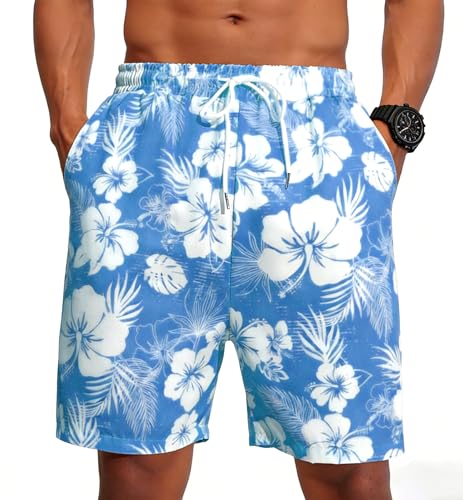 Mens Hawaiian Shorts Tropical Beach Pants Floral Trousers Swim Trunks Summer Drawstring Pocket Elastic Waist Blue M