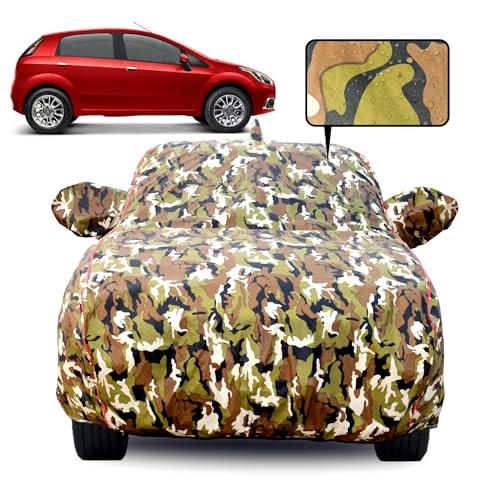 Image of Waterproof Car Body Cover for Fiat Punto with Mirror Pocket, Soft Cotton Lining, Triple Stitched, Full Bottom Elastic (Heat Resistant Jungle Print with Red Piping)