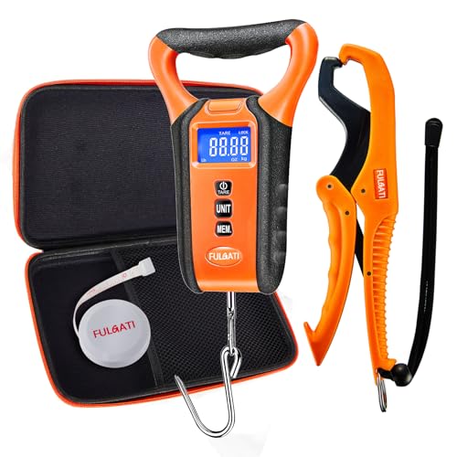 FULGATI Fish Scale Digital Waterproof Floating with Carry Case Fishing Weighing Scale with Lip Gripper, Backlit LCD Display,110lb Capacity Memory Storage & Summation -Fishing Gifts for Men