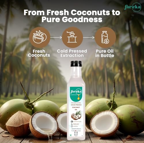 Image of Foreka Wood Pressed Virgin Coconut Oil 1L (Pack of 2) - Cold Pressed & Unrefined Edible Coconut Oil - Traditional Chekku /Kolhu Extracted - Natural Multipurpose Oil for Cooking, Hair & Skin Care