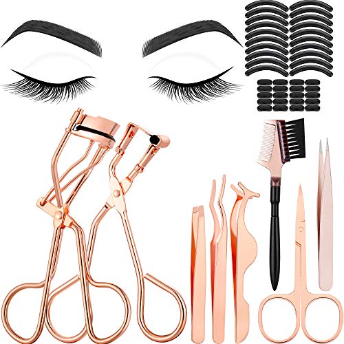 48 Pieces Eyelash Curler Makeup Tools Set, include Mini Eyelash Curler Kit, Eyebrow and Eyelash Extension Tweezers, Eyelash Eyebrow Brush Comb and Eyelashes Scissors, Silicone Refill Pads (Rose Gold)