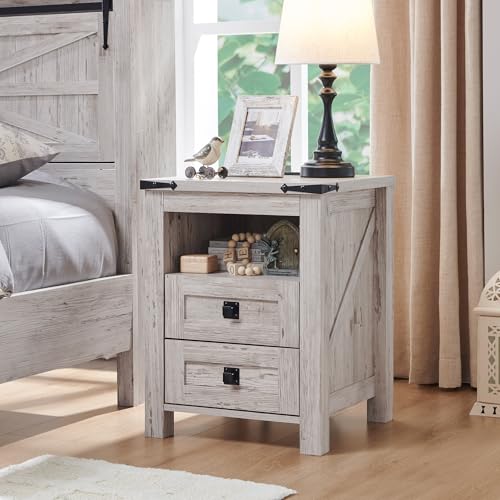 RedLemon-Farmhouse-Nightstand-with-Charging-Station-Rustic-18-Inch-End-Table-with-2-Storage-Drawers-and-Open-Shelf-Wood-Sofa-Side-Table-for-Bedroom-Living-Room-Antique-Brush-White RedLemon Farmhouse Nightstand with Charging Station Rustic 18 Inch End Table with 2 Storage Drawers and Open Shelf Wood Sofa Side Table for Bedroom Living Room Antique Brush White