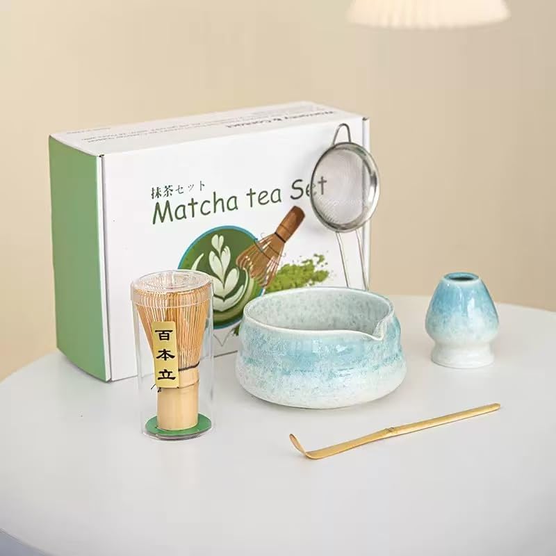 Premium Matcha Tea Set - 5 Pcs with Kiln-Transformation Glaze Ceramic Bowl, Prong Bamboo Whisk, Scoop, Sifter & Holder | Authentic Japanese-Style Tools (brown)