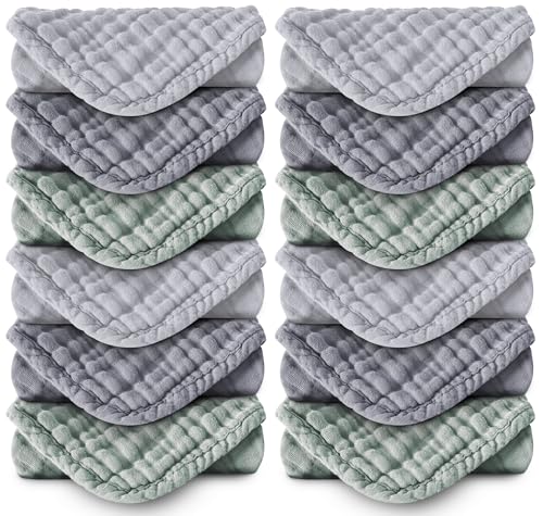 Image of MOON PARK Baby Washcloths, 12 Pack - 12x12 Inches, Small Burp Cloths and Baby Wipes - 100% Cotton Muslin Ultra Soft for Newborn, Infant and Toddlers - Grey, Green and Slate