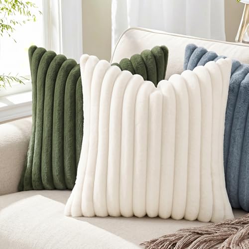 Image of Pallene Faux Fur Plush Throw Pillow Covers 22x22 Set of 2, Luxury Soft Fluffy Striped Decorative Pillow Covers for Sofa, Couch, Living Room, Blue Grey