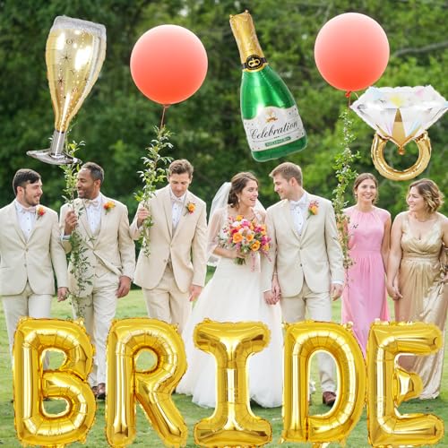 Image of 40inch Bride Balloons Gold Letters Banner, Bachelorette Party Decorations Set with Diamond Ring Champagne Bottle Balloon Glass Foil Balloon for Gold Bachelorette Engagement Wedding Bridal Shower Decor