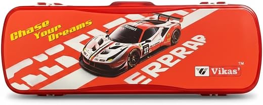 Vikas' Ultra Red Race Car Design Plastic Pencil Box for Kids | Stylish Stationery Case for Boys | Durable Double Compartme...