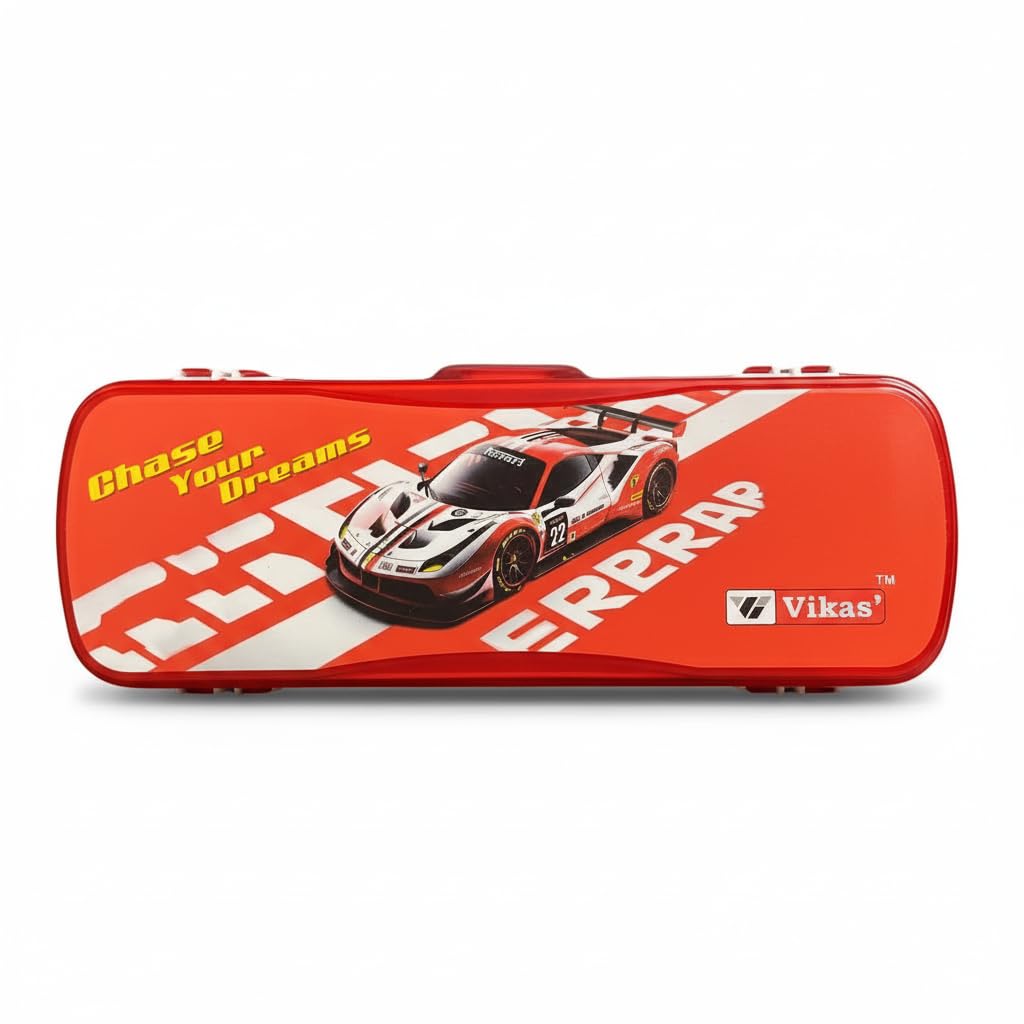 Vikas' Ultra Red Race Car Design Plastic Pencil Box for Kids | Stylish Stationery Case for Boys | Durable Double Compartme...