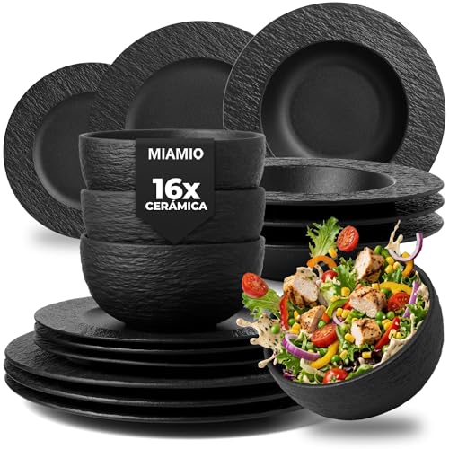 MIAMIO – Juego de vajilla de 16 piezas/Vajilla moderna de cerámica/Vajilla/Juego para 4 personas - Colección Oasis (Negro, 16x) MIAMIO – Juego de vajilla de 16 piezas/Vajilla moderna de cerámica/Vajilla/Juego para 4 personas - Colección Oasis (Negro, 16x)