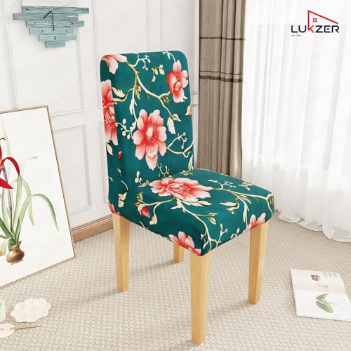 Image of Lukzer 1PC Blue Flower Stretchable Dining Chair Cover | Universal Fit Removable Washable Slipcover | 140 GSM Polyester + Spandex | Elastic Protective Cover for Home & Hotel Chairs Seat Slipcover
