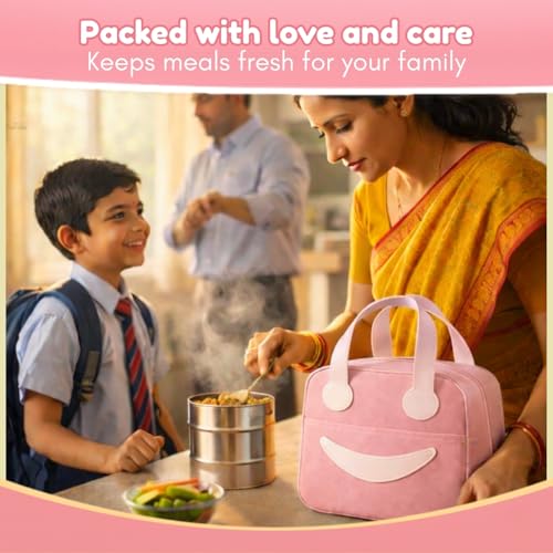 Image of Toy Imagine 6.5L Insulated Lunch Bag for Kids Office School Men Women Smiley Face Tiffin Bag Snack Tote Bag Compact Portable Leak Proof Tiffin Pouch Hot and Cold Lunch Box Bag for Boys and Girls(Pink)