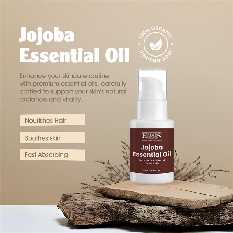 Image of Habibs Pure Jojoba Carrier Oil - 100% Organic, Cold-Pressed for Balanced Skin, Hair & Acne Control 30ML