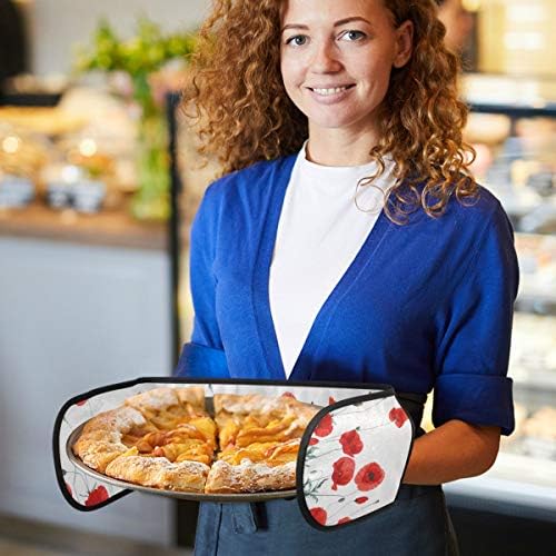 funnyy Poppy Flower Floral Double Oven Gloves Heat Resistant Oven Mitts Quilted Cotton Cooking Mitt for Baking Kitchen Grilling BBQ Microwave Barbecue Handling Hot Pots and Pans