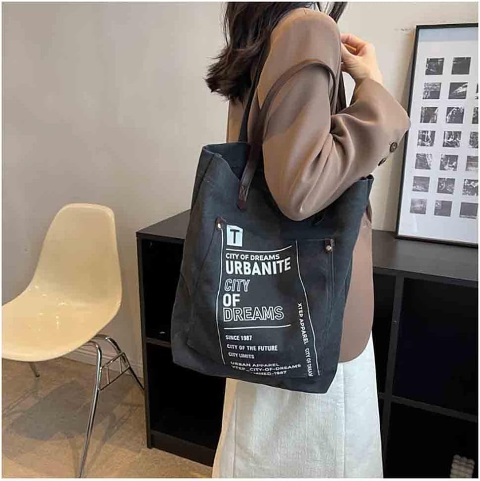 Canvas tote bag Crossbody Large Bag Retro Shoulder Bag Aesthetic Tote Large Handbags Fairy Grunge Bag (black)