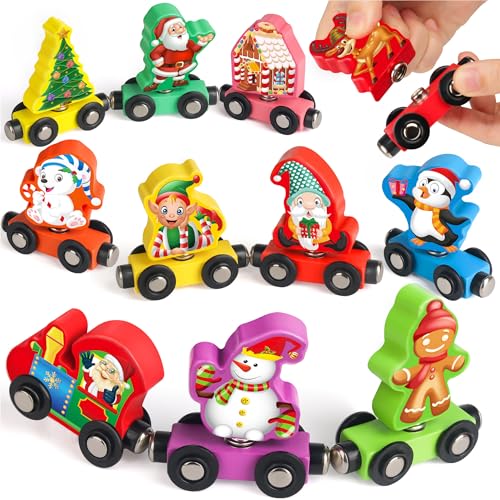 Vanmor Christmas Train Set for Toddlers, Snap Train Toys for Wooden Tracks,Magnetic Holiday Trains Color Matching Learning Toys, Fine Motor Skill Educational Toy Gift for 3 4 5 Years Old Kids