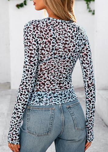 PRETTYGARDEN Women's Mesh Long Sleeve Top 2025 Trendy Fall See Through Sheer Blouse Leopard Fitted Going Out Layering Shirts