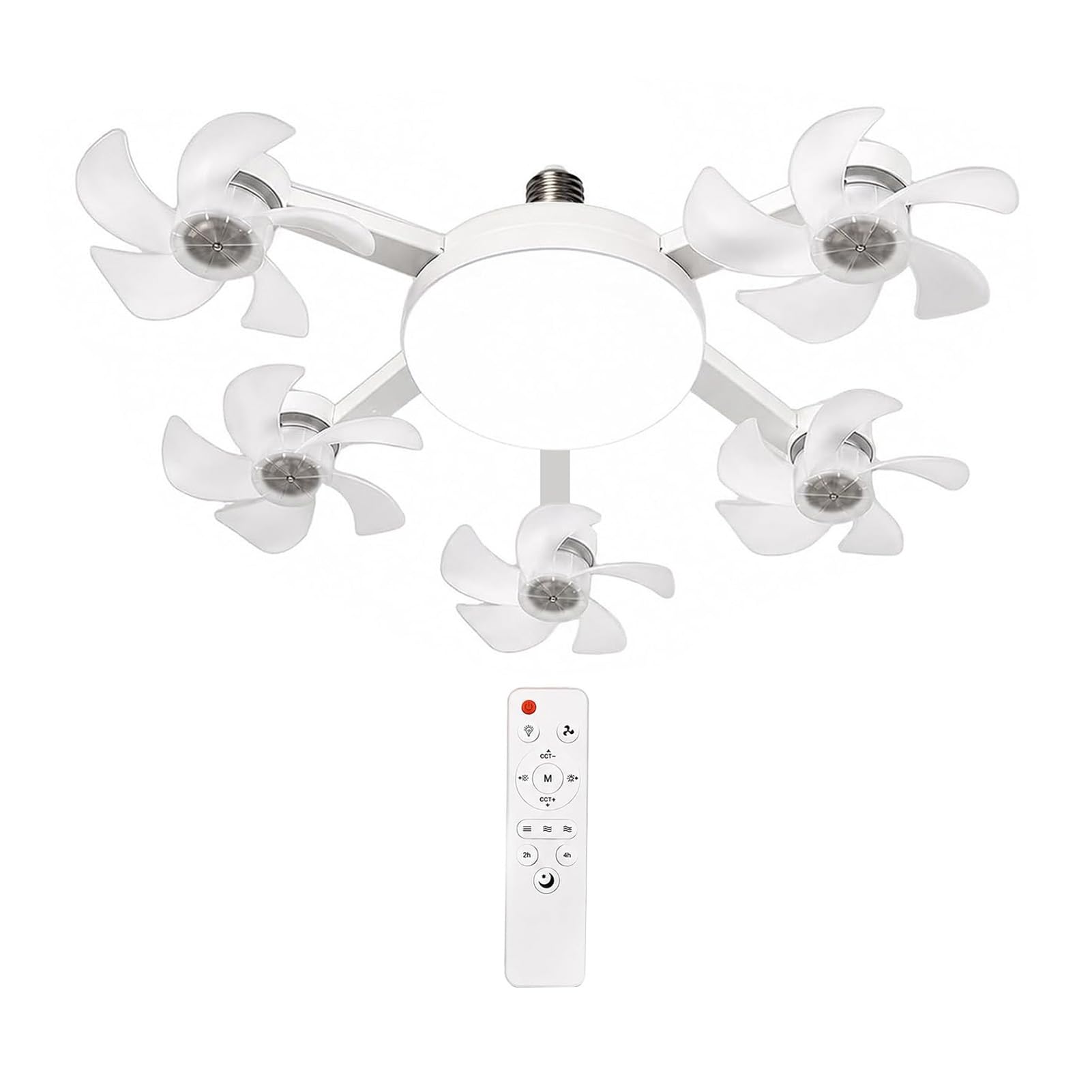Ceiling Fan with Light and Remote Control, Foldable Blade Silent LED Fan Light, E27 Socket Fitting, 3-Speed Dimmable Lamp for Bedroom Kitchen, 40-60cm Adjustable White 5pcs A