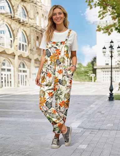 Image of YESNO Women's Overalls Cotton Boho Casual Floral Bib Jumpsuit Baggy Adjustable Strap Romper with Pockets PVV