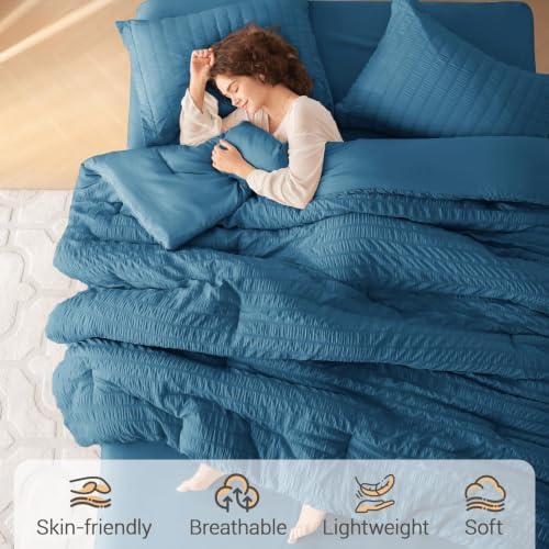 Image of MUXHOMO 7 Pieces Oversized King Comforter Set, Seersucker Bed in a Bag Oversized King Size, All Season Luxury Bedding Set with Comforter, Flat Sheet, Fitted Sheet, Pillowcases & Shams, Teal