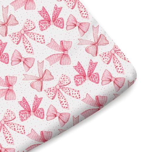 Image of Pink Valentine's Bows Fitted Crib Sheets for Girl 52 inchx28 inch Girly Pink Hair Bows Crib Mattress Covers Soft Breathable Valentine Hearts Love Baby Sheets for Standard Crib and Toddler Mattresses Pink