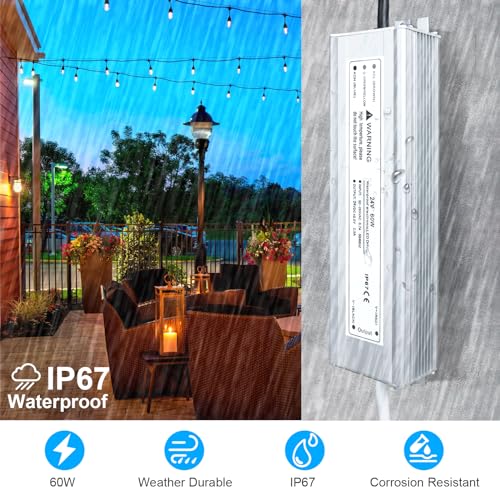 Image of LightingWill LED Driver 60 Watts Waterproof IP67 Power Supply Transformer, 90-265V AC to 24V DC Low Voltage Output, Adapter with 3-Prong Plug 3.3 Feet Cable for Outdoor Use, Computer Project